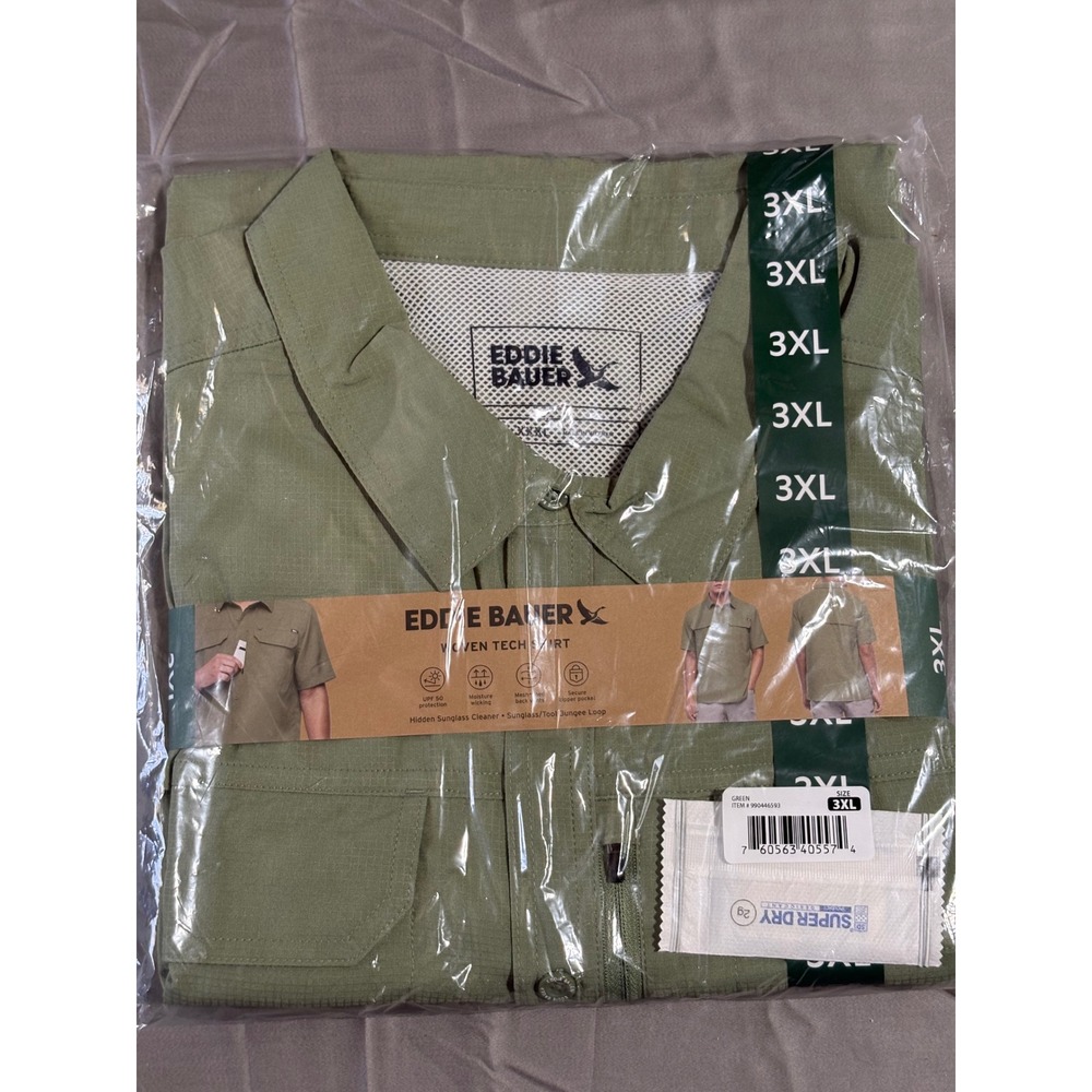 Eddie Bauer Mens Woven Tech Shirt 3XL Green Short Sleeve UPF 50 Fishing Hiking